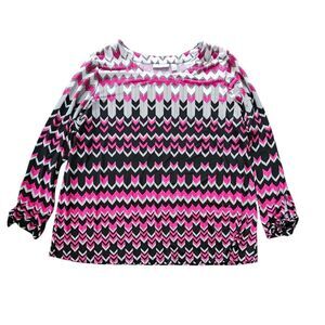 Susan Graver 3/4 Tie Sleeve Liquid Knit Top Size 2X Geometric Chevron Black Pink